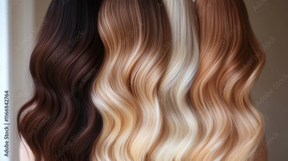 A luxurious display of ombre hair color shades transitioning from dark roots to soft caramel and blonde ends. A luxurious display of ombre hair color shades transitioning from dark roots to soft caramel and blonde ends.