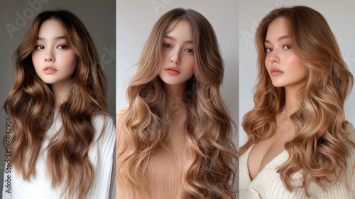 A luxurious showcase of golden and honey brown hair tones, styled in natural waves for a warm, soft glow. photo