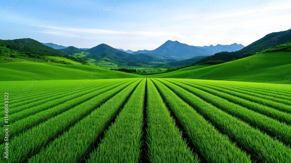 Lush green fields and mountains under a clear blue sky. Lush green fields and mountains under a clear blue sky.