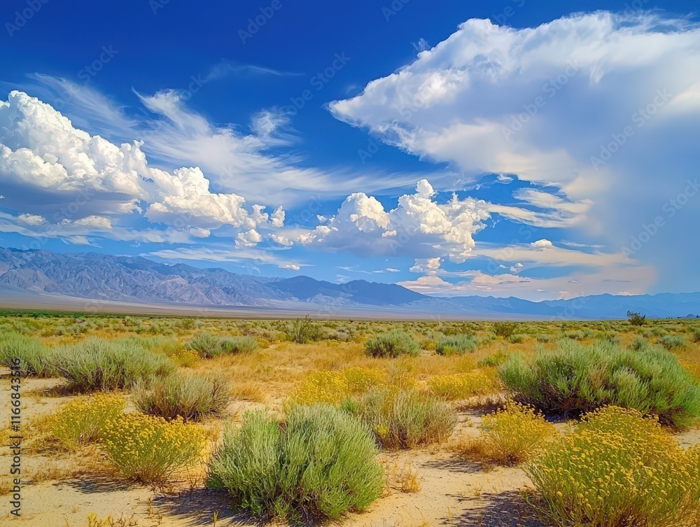 Serene desert landscape under a vivid blue sky with fluffy clouds at midday Serene desert landscape under a vivid blue sky with fluffy clouds at midday