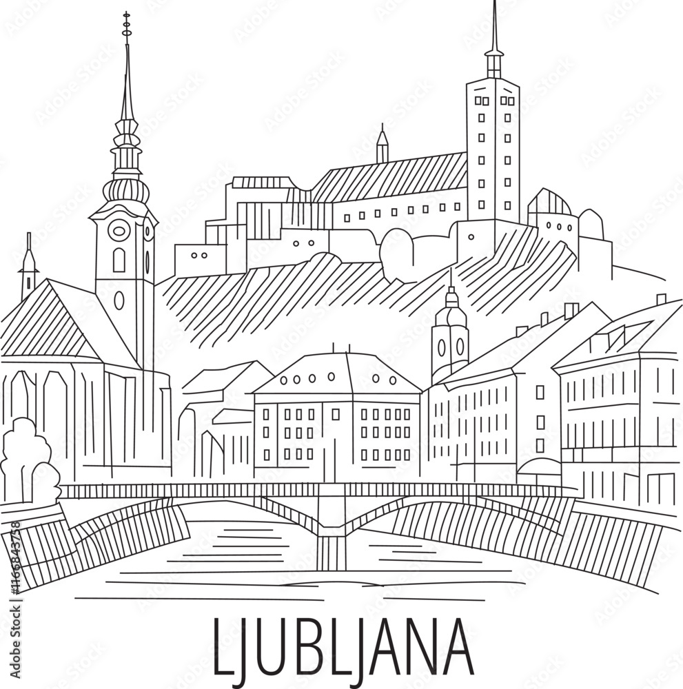 Fototapeta premium Ljubljana City Line Draw Simple Minimalist 