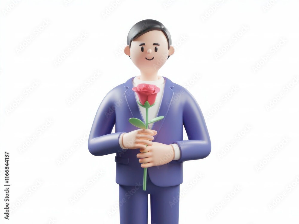 3D character in a suit holding a rose with a warm smile against white background 3D character in a suit holding a rose with a warm smile against white background