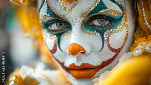 carnival clown portrait of a woman, featuring bold, colorful makeup, a playful expression, and a festive costume, capturing the fun and excitement of a carnival celebration. photo