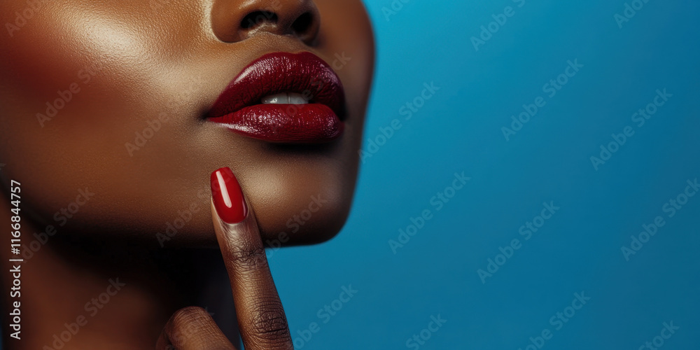 Obraz premium A close-up view of a woman's face highlights her smooth skin and striking red lipstick. She touches her chin thoughtfully, set against a vivid blue backdrop.