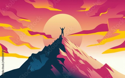 Person Triumphantly Standing on Mountain Peak Against Vibrant Sunset Background