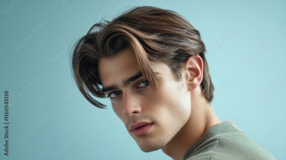 A relaxed men hairstyle with medium-length hair parted in the middle and styled with natural texture. A relaxed men hairstyle with medium-length hair parted in the middle and styled with natural texture.