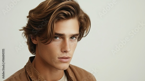 A relaxed men hairstyle with medium-length hair parted in the middle and styled with natural texture.