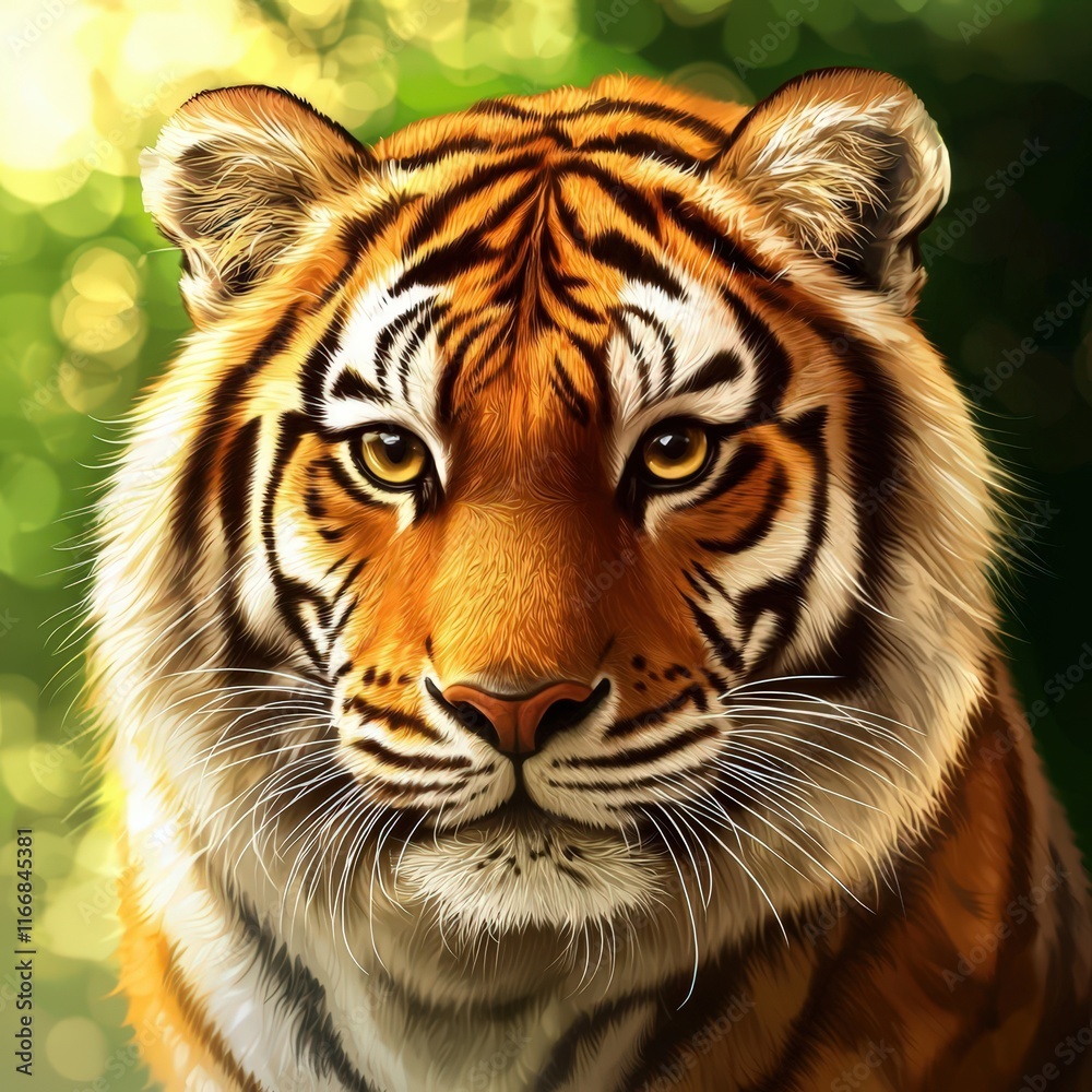 Fototapeta premium Majestic tiger gazes intensely in a lush forest setting during golden hour light