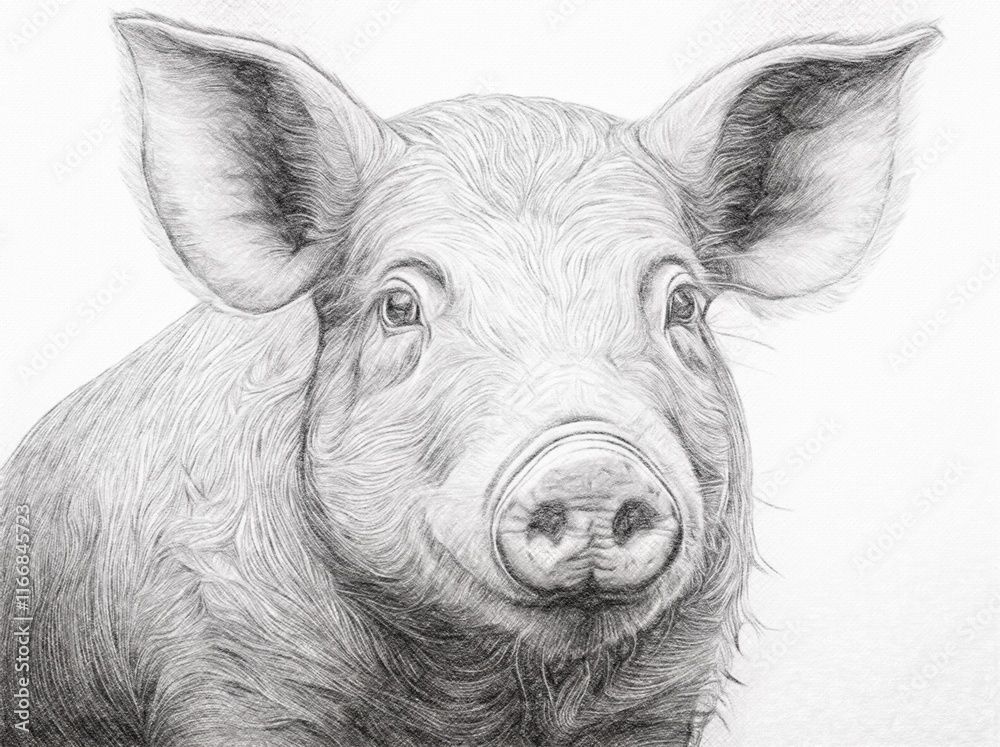 Fototapeta premium An AI-generated image of a pig redrawn as a black and white pencil drawing
