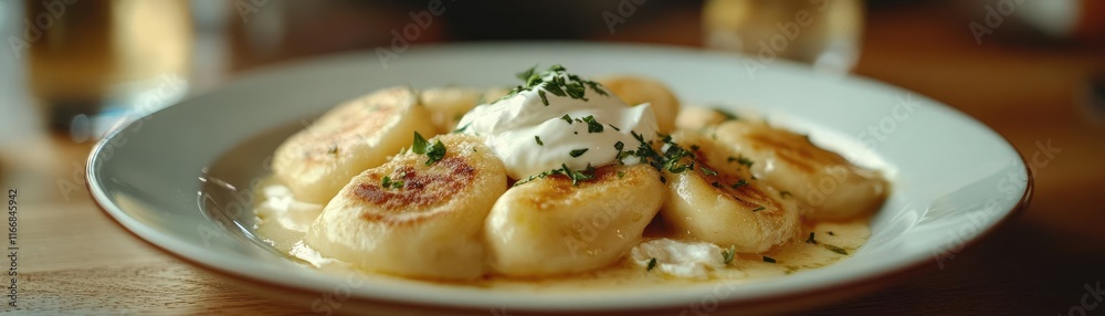 A plate of pierogi with sour cream, a classic comfort food A plate of pierogi with sour cream, a classic comfort food