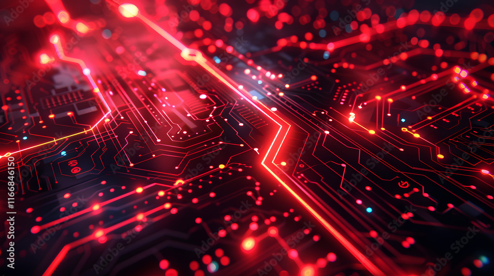 Abstract neon red tech circuit board lines sci-fi banner design. Futuristic computer chip background. Vector glowing illustration Abstract neon red tech circuit board lines sci-fi banner design. Futuristic computer chip background. Vector glowing illustration
