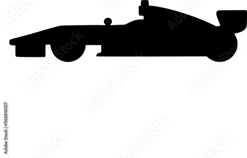 Side view of a simple black formula 1 car vector icon drawing isolated on a transparent background.