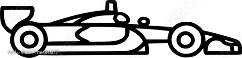 Side view of a simple black outline formula 1 car vector icon drawing isolated on a transparent background.