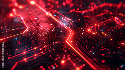  Abstract neon red tech circuit board lines sci-fi banner design. Futuristic computer chip background. Vector glowing illustration