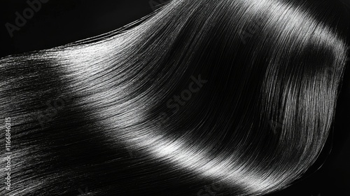 A sleek hairstyle poster featuring long, straight hair styled with a deep side part and a mirror-like shine.