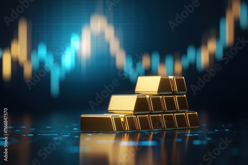 Golden bars stacked in front of a glowing blue investment chart business environment digital visualization economic growth concept photo