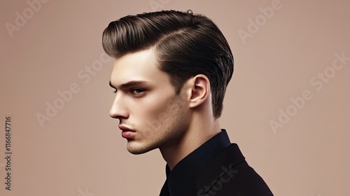 A stylish men hairstyle with sharp side parts, glossy hair combed neatly, and faded sides for a formal look.