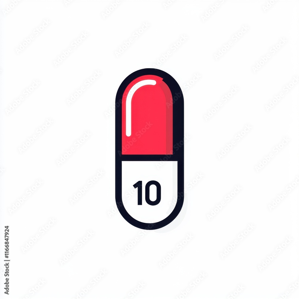 Colorful red and white capsule with the number 10 prominently featured. Colorful red and white capsule with the number 10 prominently featured.