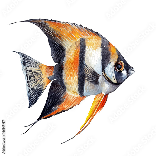 A watercolor vector painting of an angelfish, isolated on a white background. Angelfish vector.


