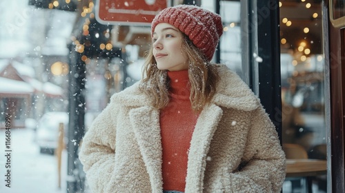 A trendy winter vibe with a sherpa jacket, knit turtleneck, and casual jeans styled in a snow-covered cafe
