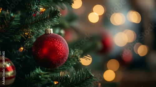 Christmas and New years eve Background. Beautiful Wide Angle Holiday Template with Christmas red ball on fir tree and highlights. Panoramic classic header Web banner with copy space for design