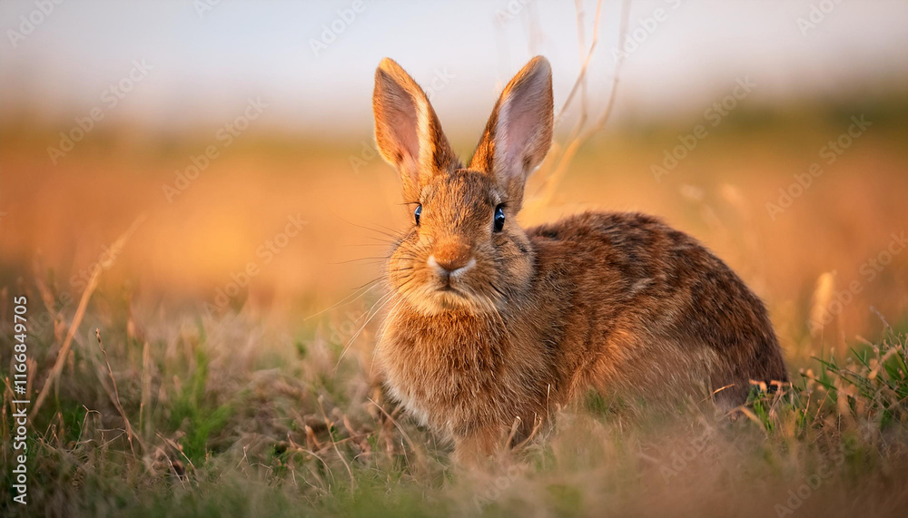 Fototapeta premium Rabbit in grass meadow, serene landscape. Brown bunny sitting in field. Wild or farm animal.