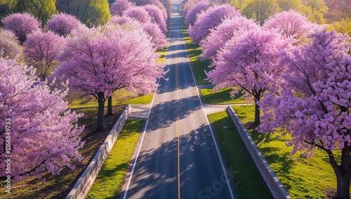 Blooming cherry trees line scenic road in spring photo