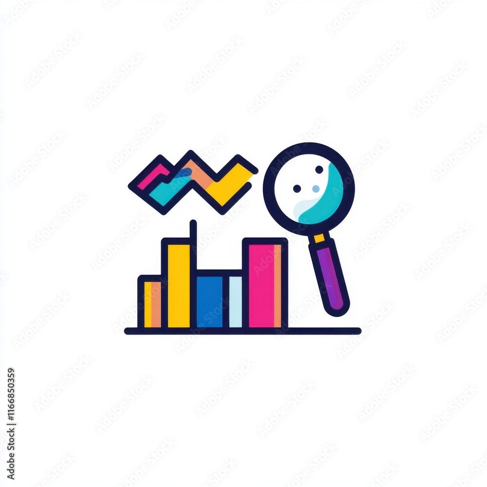 Colorful data analysis illustration with a magnifying glass examining bar graphs and line charts.