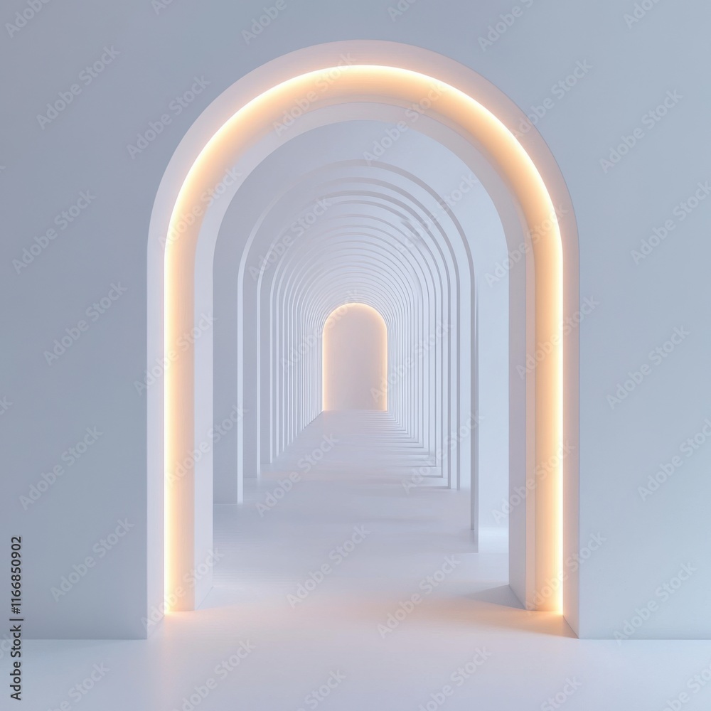Fototapeta premium A serene corridor featuring multiple arches illuminated with soft light.