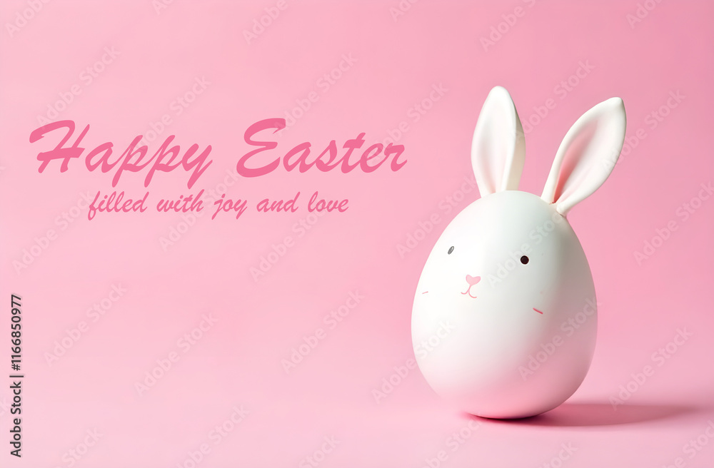 A charming white Easter bunny, creatively crafted from an egg, rests on a lovely pink background, enhancing the festive atmosphere