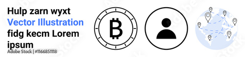 Bitcoin symbol, user avatar, global map with interconnected location pins. Ideal for blockchain, cryptocurrency, networking, user interface, global connections, digital identity, and fintech. Landing