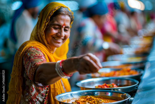 Amidst the aroma of freshly cooked food, an Indian woman serves langar with a smile in the gurudwara, her hospitality embodying the spirit of Guru ka Langar.  photo