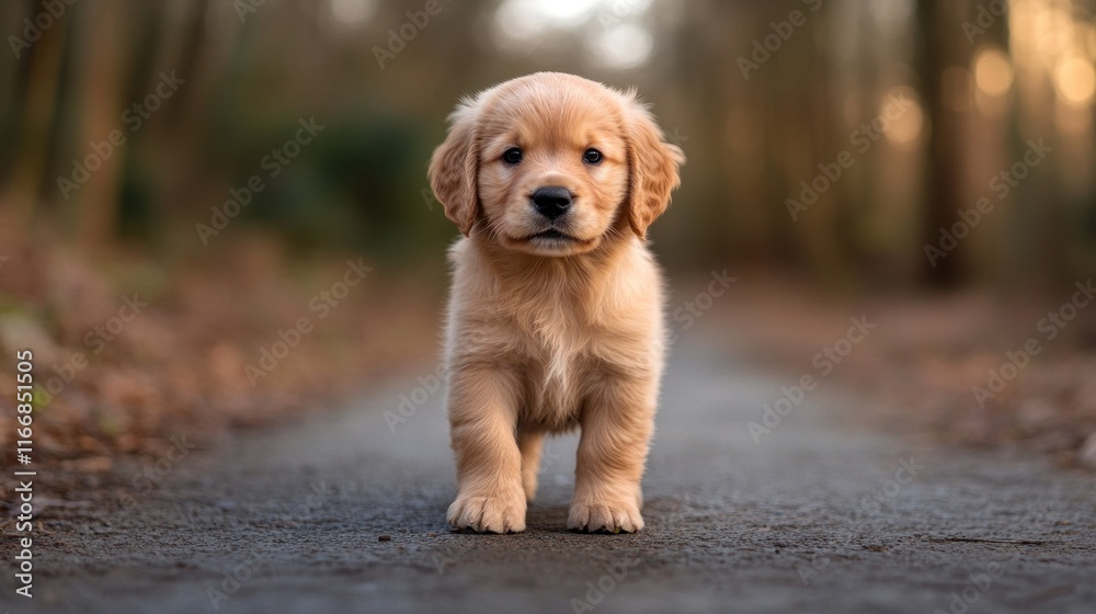 A cute golden retriever puppy walking down a forest path. A cute golden retriever puppy walking down a forest path.
