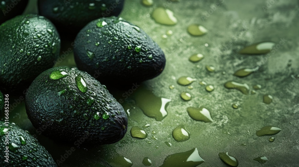 Avocados with water droplets scattered across a textured green background, leaving clear room for text. Avocados with water droplets scattered across a textured green background, leaving clear room for text.