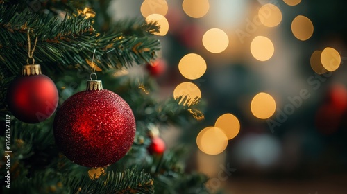 Christmas and New years eve Background. Beautiful Wide Angle Holiday Template with Christmas red ball on fir tree and highlights. Panoramic classic header Web banner with copy space for design