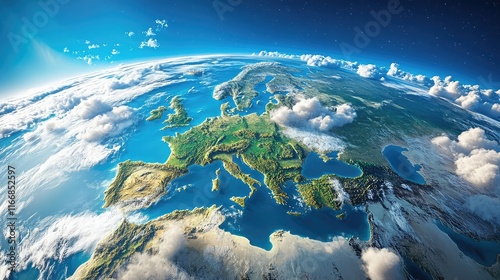Planet Earth in space with realistic clouds and continents. Europe, Africa, and Asia regions highlighted, 3D render. Perfect for global and environmental presentations.