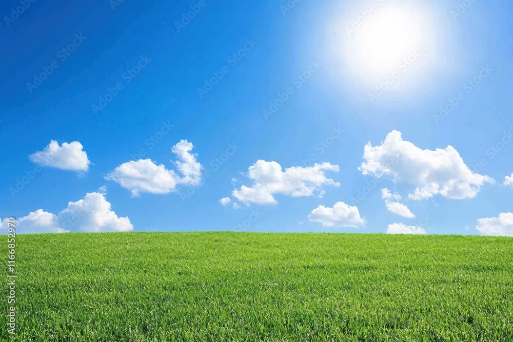Bright Blue Sky Over Lush Green Field With Fluffy White Clouds and Sunlight Bright Blue Sky Over Lush Green Field With Fluffy White Clouds and Sunlight