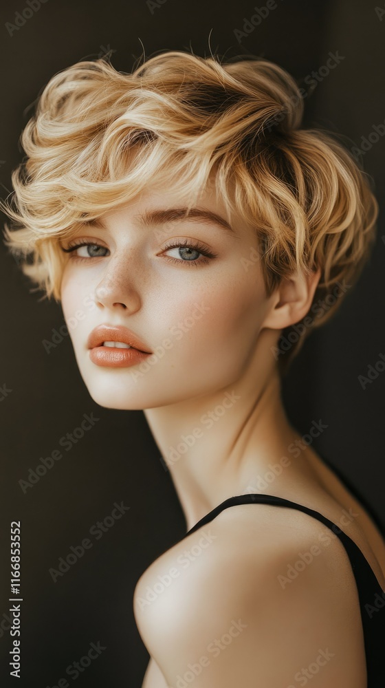 Fototapeta premium Elegant woman with wavy short pixie haircut, golden blonde hair, soft light background, detailed texture, natural expression