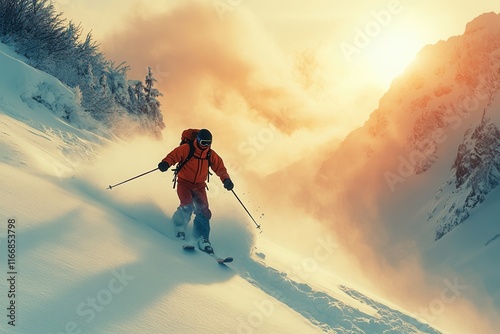 Wallpaper Mural Skiing through golden light on snowy mountain slopes, AI generated Torontodigital.ca