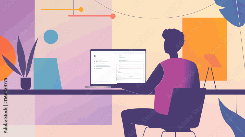 Modern Workspace Vector Illustration with Person Using Laptop, One-Click Solutions Concept, Flat Design Art for Business and Technology Themes Modern Workspace Vector Illustration with Person Using Laptop, One-Click Solutions Concept, Flat Design Art for Business and Technology Themes