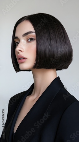 Short straight bob hairstyle, blunt cut with sharp edges, deep brunette tone, minimal light background, sleek and modern
