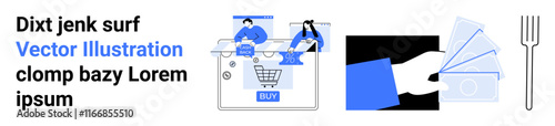 Man using laptop for online shopping while another person reviews orders. Hand holding rating cards. Fork representing food categories. Ideal for e-commerce, consumer feedback, market research, user