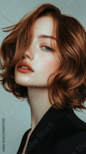 Stylish woman with short wavy lob (long bob), chestnut brown hair, elegant light setting, sharp details on hair texture