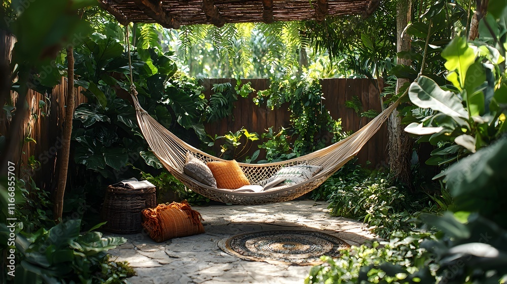 Tranquil outdoor setting with a hammock and a book amidst lush greenery offering a space for relaxation contemplation and mental wellness Tranquil outdoor setting with a hammock and a book amidst lush greenery offering a space for relaxation contemplation and mental wellness