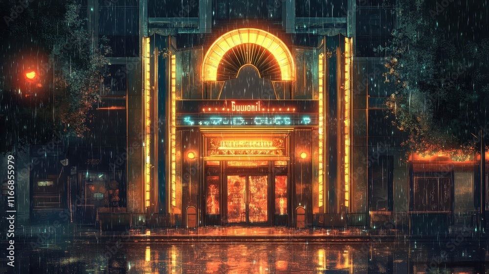 Obraz premium 1920s jazz club facade with neon lights art déco door and reflections on the wet street from the golden light spilling from the doorway