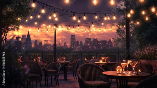 Dimly lit jazz terrace with wicker chairs small tables empty whiskey and martini glasses and a distant city skyline photo