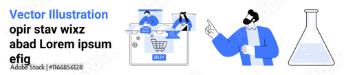 Characters working on a futuristic interface with a shopping cart icon, a businessman pointing, and a filled flask. Ideal for tech innovation, e-commerce, virtual meetings, scientific research