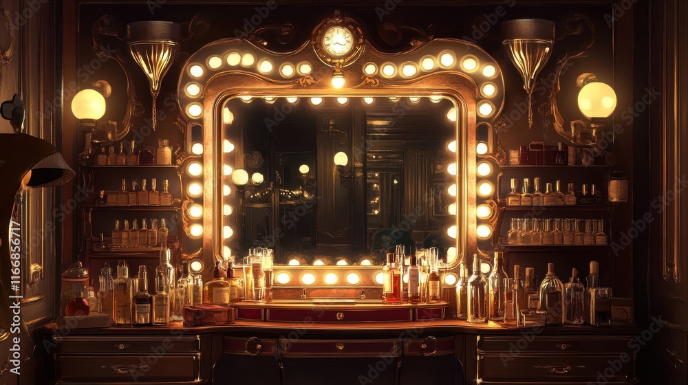 Obraz premium Luxurious 1920s dressing room with large mirror perfume bottles and warm amber light reflecting off elegant surfaces