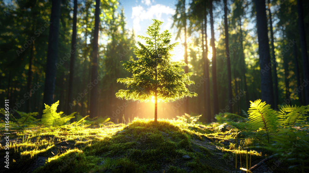 Obraz premium serene forest scene with glowing tree surrounded by ferns and sunlight