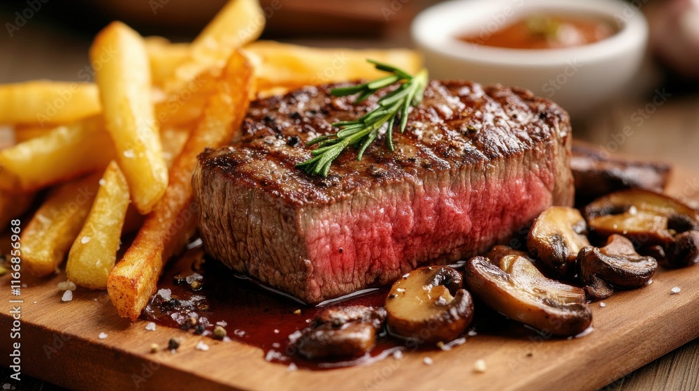 A close-up of a perfectly cooked medium-rare steak with a golden sear, accompanied by crispy fries, saut mushrooms, and a rich sauce drizzled on top. A close-up of a perfectly cooked medium-rare steak with a golden sear, accompanied by crispy fries, saut mushrooms, and a rich sauce drizzled on top.